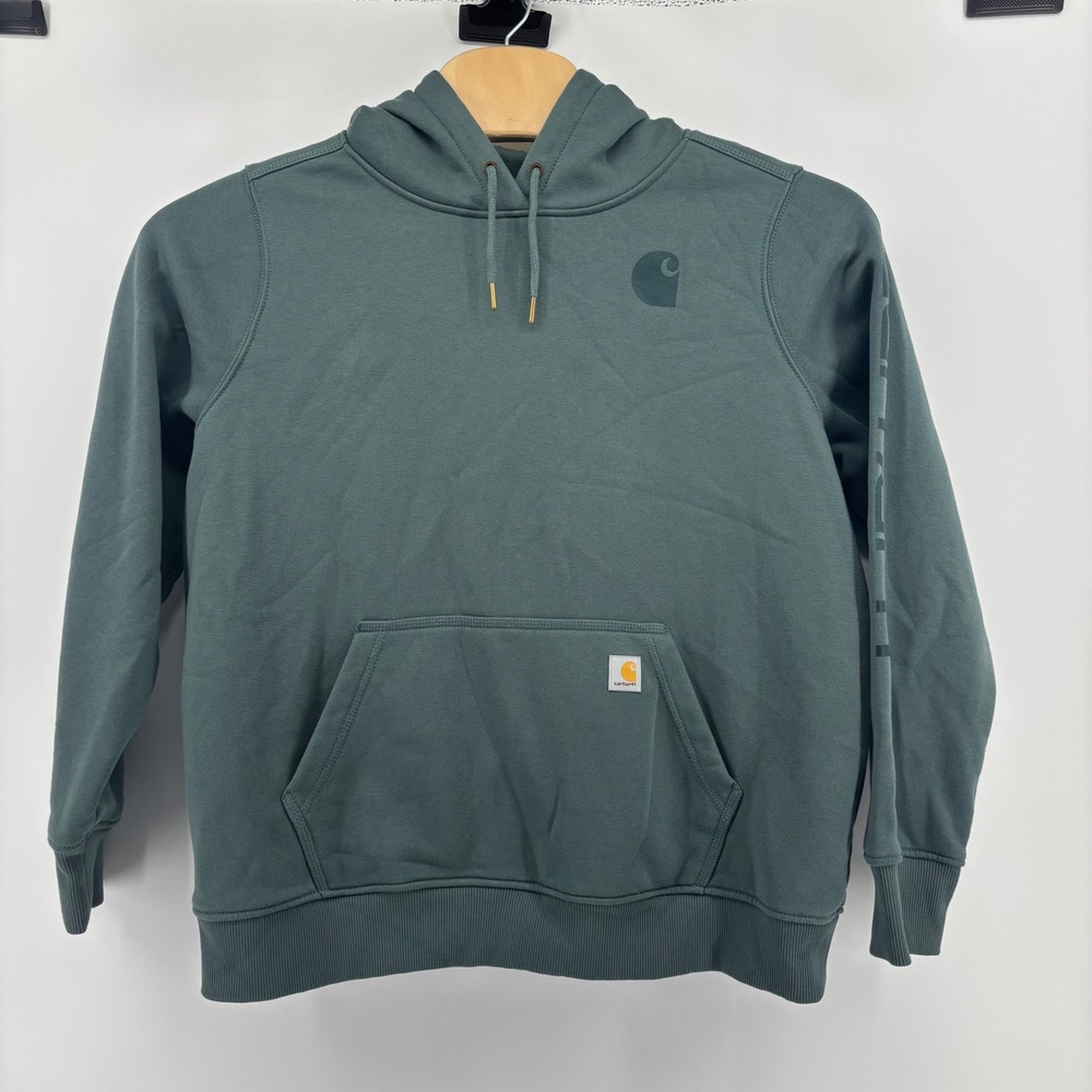 Carhartt Hoodie Girls XL 16-18 Green Relaxed Fit Logo Sleeve TS0288-W
